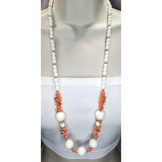 Boho Vintage Faux Coral Lucite Beaded Long Statement Necklace White Gold Tone