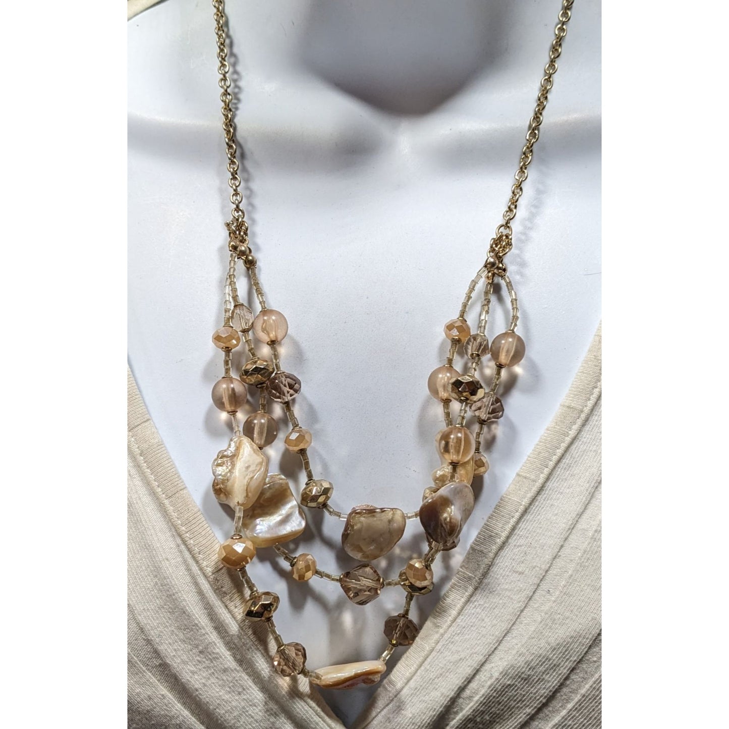 Bohemian Glam Layered Shell & Bead Necklace With Gold Chain