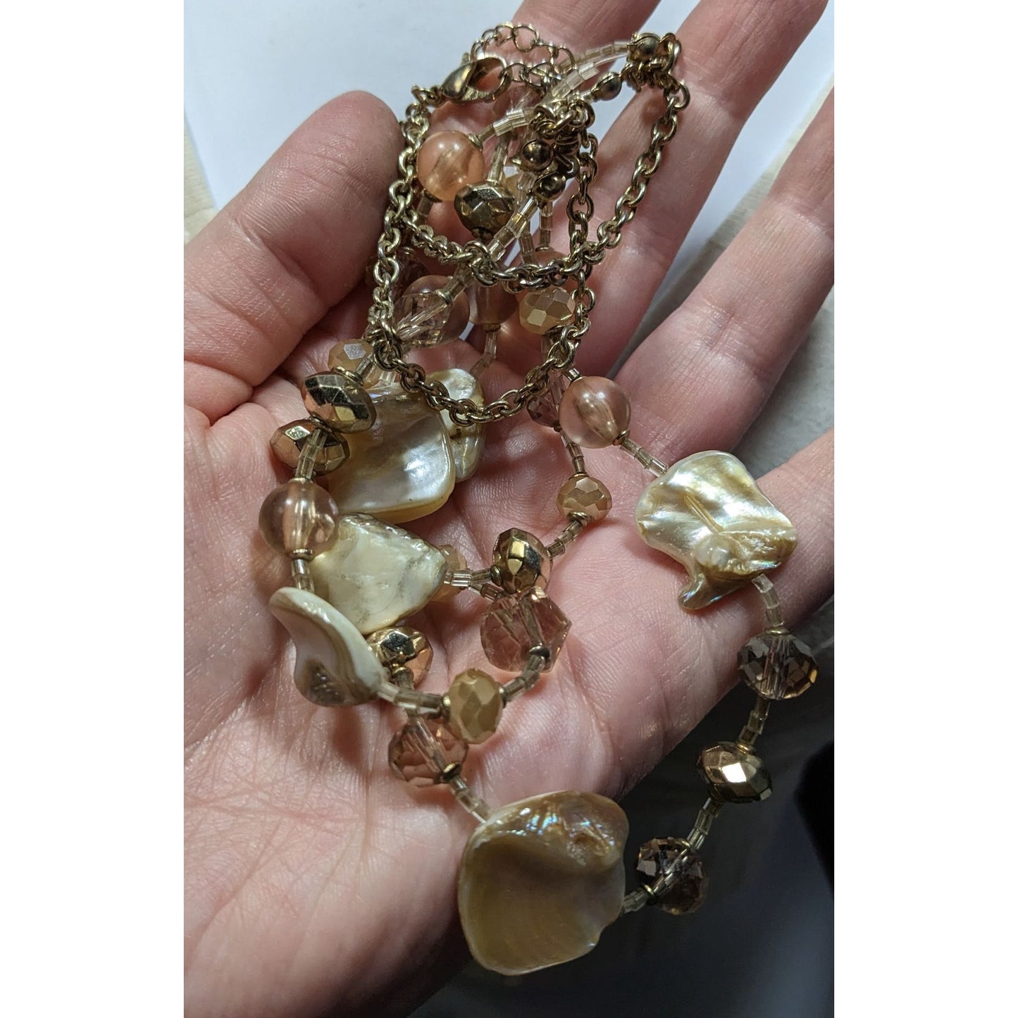 Bohemian Glam Layered Shell & Bead Necklace With Gold Chain