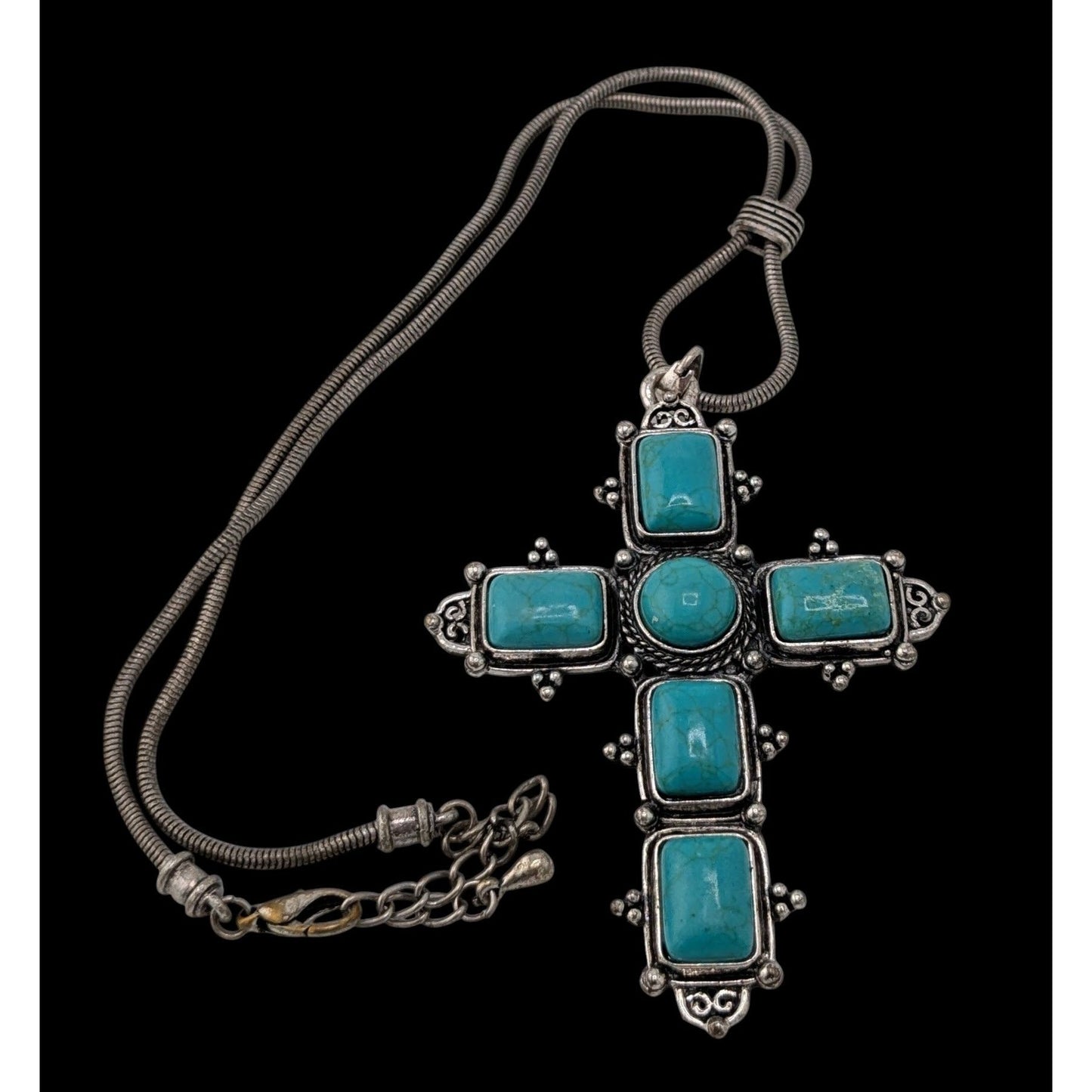 Southwestern Religious Faux Turquoise Cross Pendant Necklace With Silver-Tone Chain