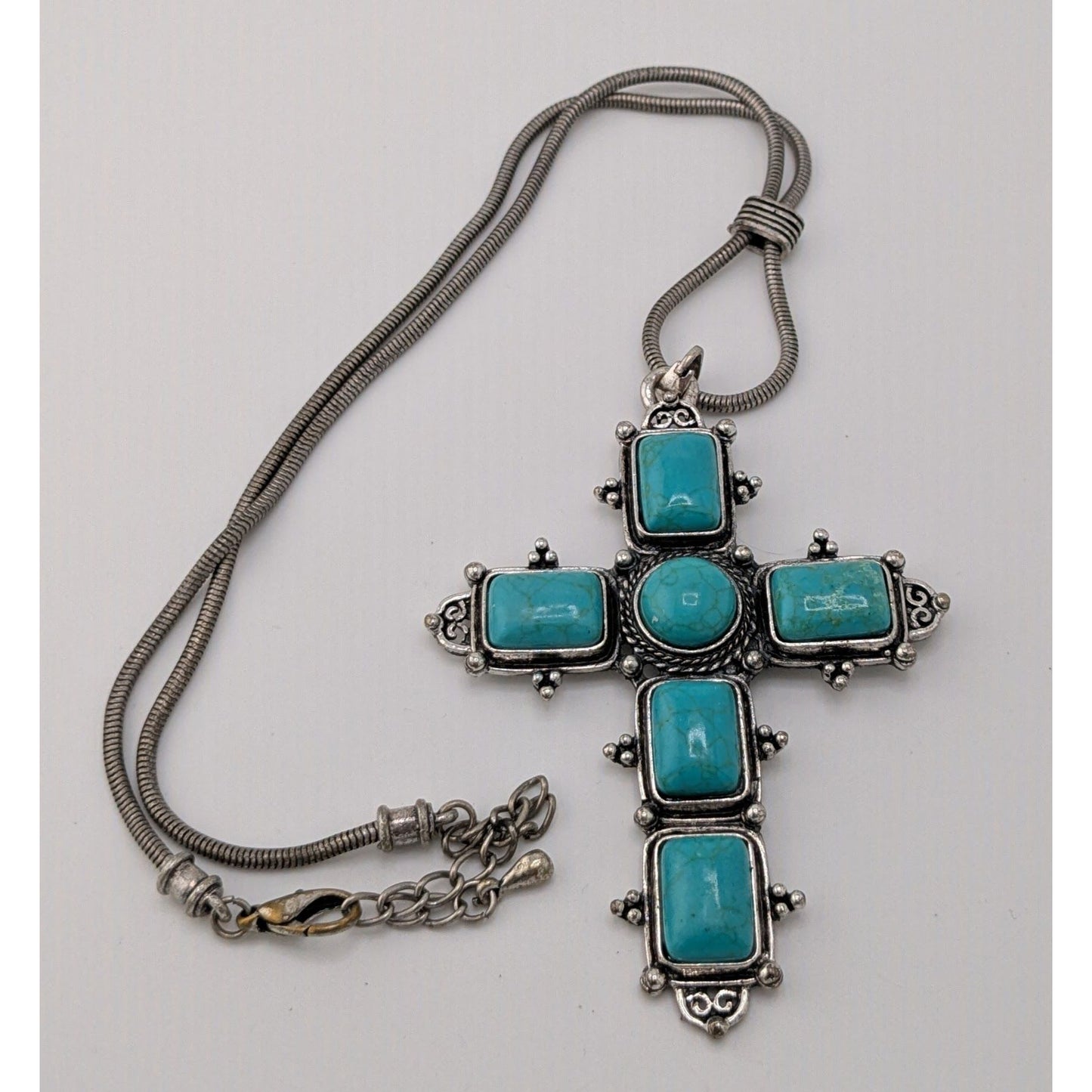 Southwestern Religious Faux Turquoise Cross Pendant Necklace With Silver-Tone Chain
