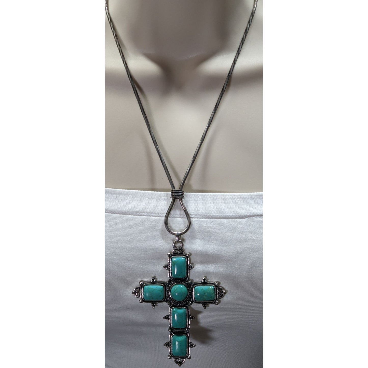 Southwestern Religious Faux Turquoise Cross Pendant Necklace With Silver-Tone Chain