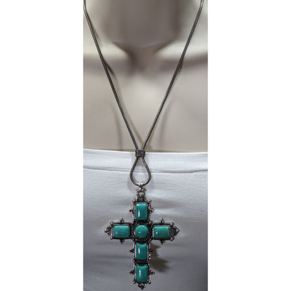 Southwestern Religious Faux Turquoise Cross Pendant Necklace With Silver-Tone Chain