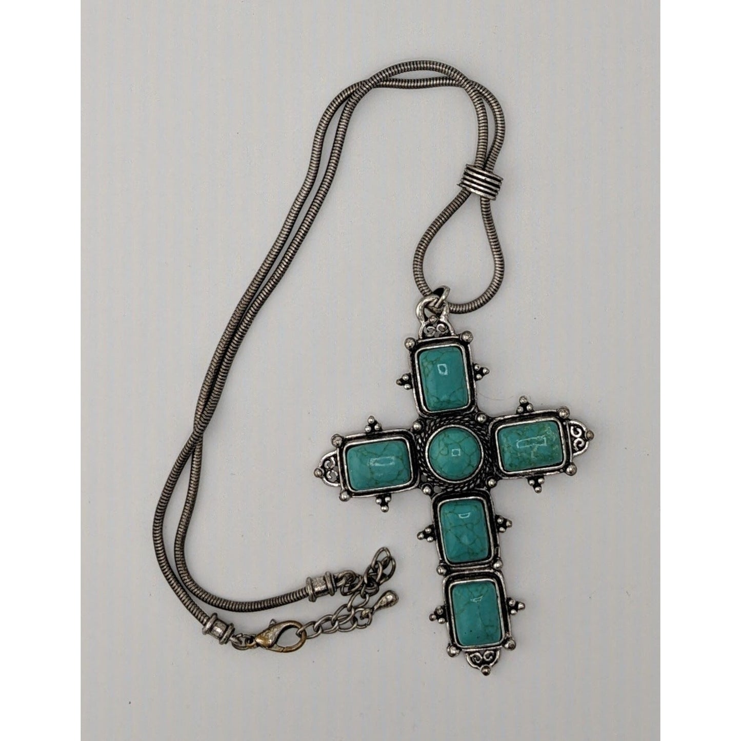 Southwestern Religious Faux Turquoise Cross Pendant Necklace With Silver-Tone Chain