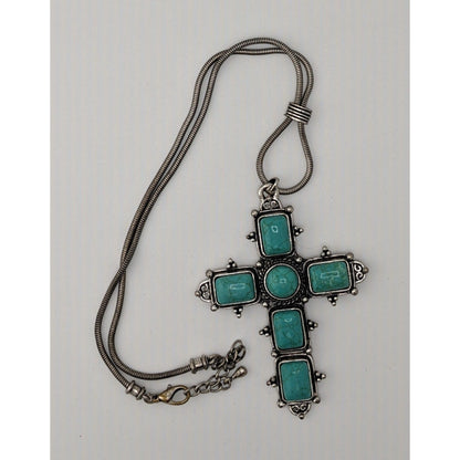 Southwestern Religious Faux Turquoise Cross Pendant Necklace With Silver-Tone Chain