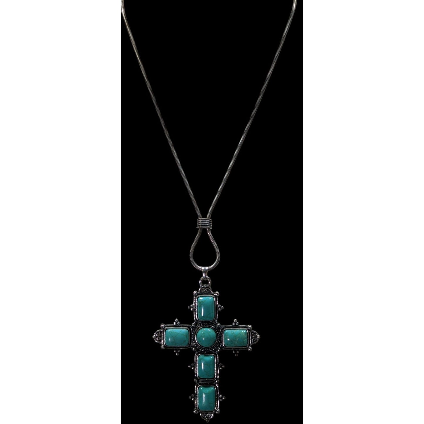 Southwestern Religious Faux Turquoise Cross Pendant Necklace With Silver-Tone Chain