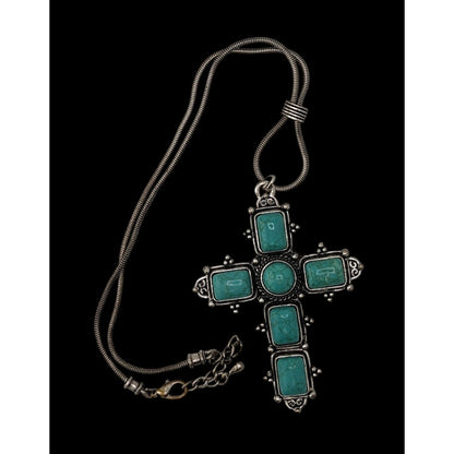 Southwestern Religious Faux Turquoise Cross Pendant Necklace With Silver-Tone Chain