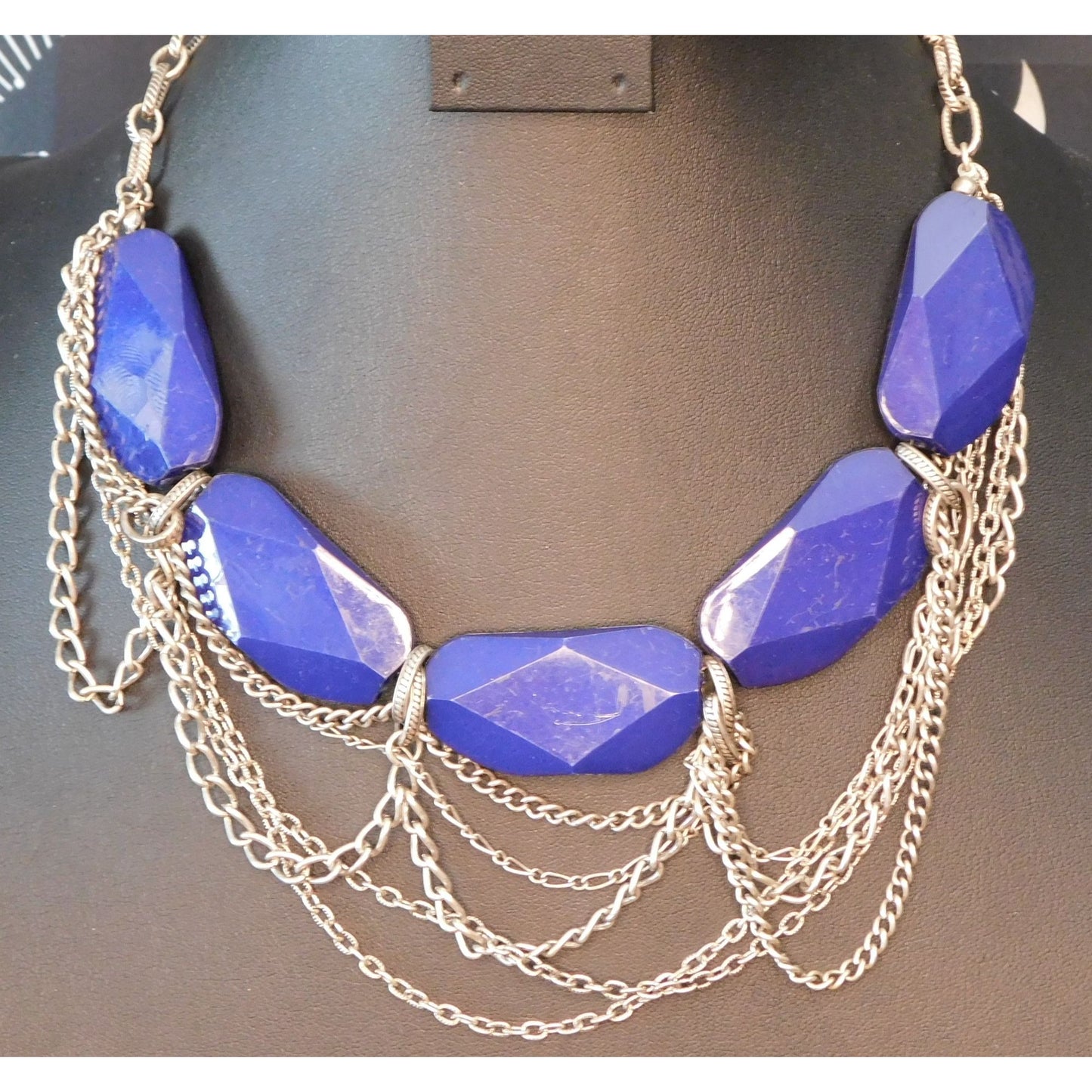 Chunky Blue Abstract Necklace With Silver Tone Chains