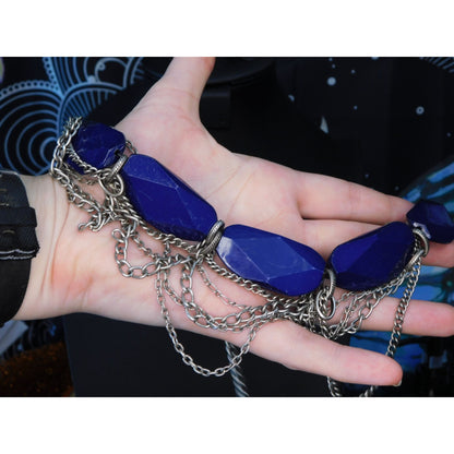 Chunky Blue Abstract Necklace With Silver Tone Chains