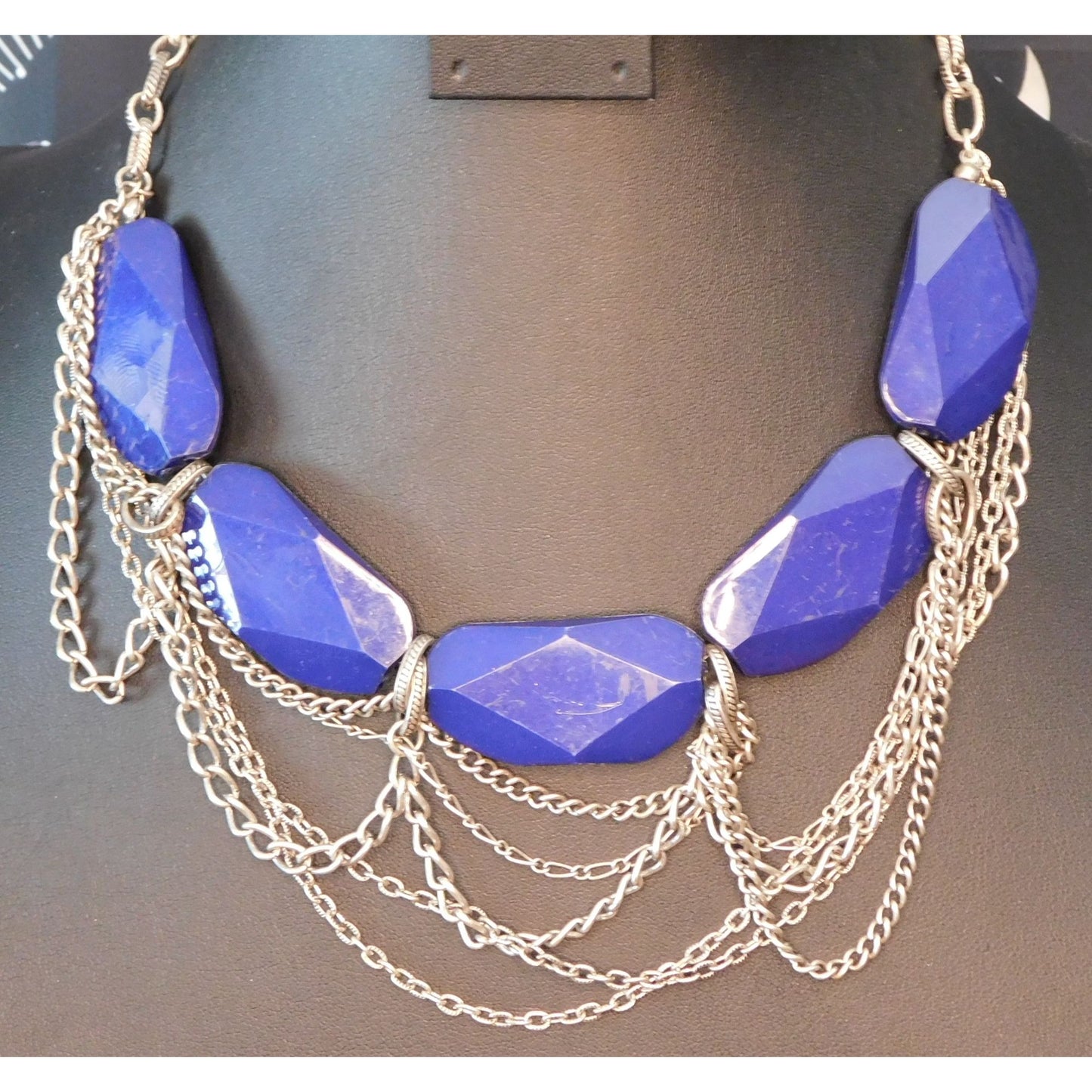 Chunky Blue Abstract Necklace With Silver Tone Chains
