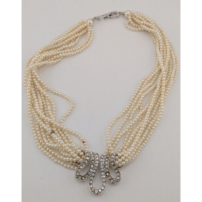 Vintage Glam Faux Seed Pearl Necklace With Silver Tone Rhinestone Encrusted Accent