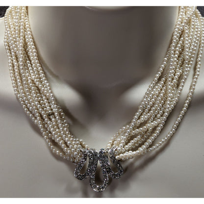 Vintage Glam Faux Seed Pearl Necklace With Silver Tone Rhinestone Encrusted Accent