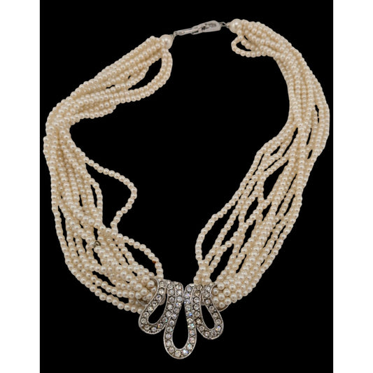 Vintage Glam Faux Seed Pearl Necklace With Silver Tone Rhinestone Encrusted Accent