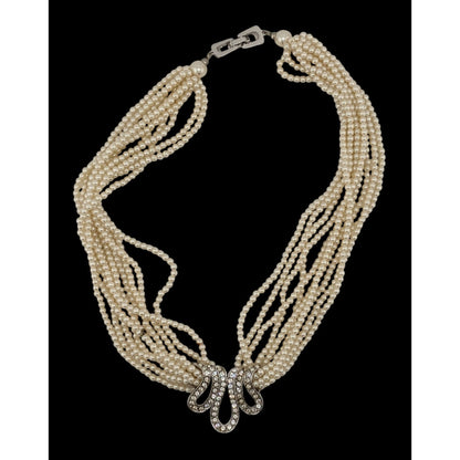 Vintage Glam Faux Seed Pearl Necklace With Silver Tone Rhinestone Encrusted Accent