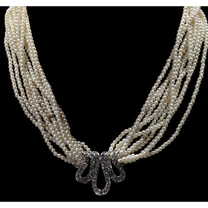 Vintage Glam Faux Seed Pearl Necklace With Silver Tone Rhinestone Encrusted Accent