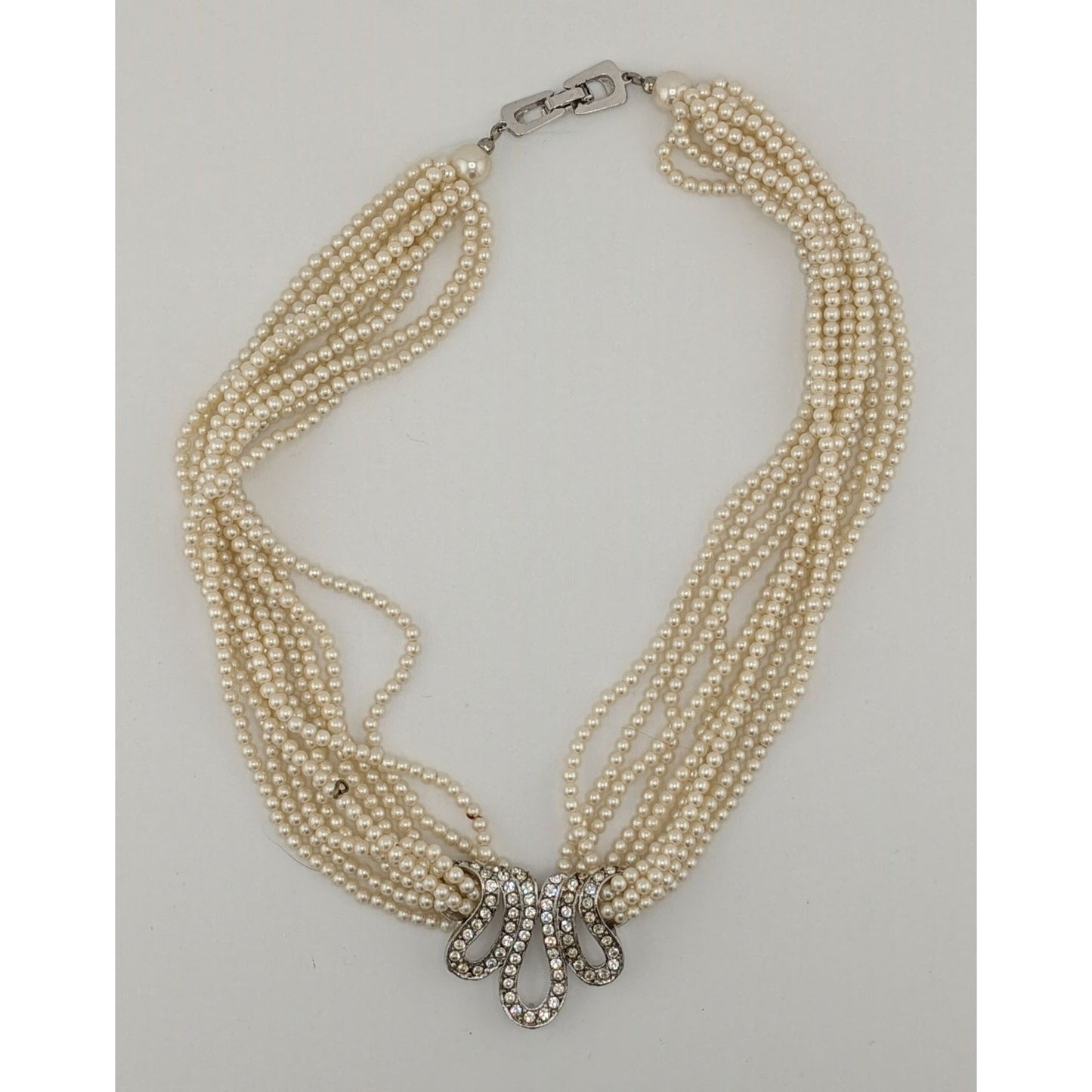 Vintage Glam Faux Seed Pearl Necklace With Silver Tone Rhinestone Encrusted Accent