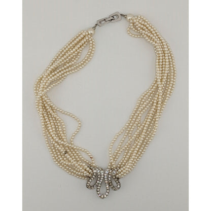 Vintage Glam Faux Seed Pearl Necklace With Silver Tone Rhinestone Encrusted Accent