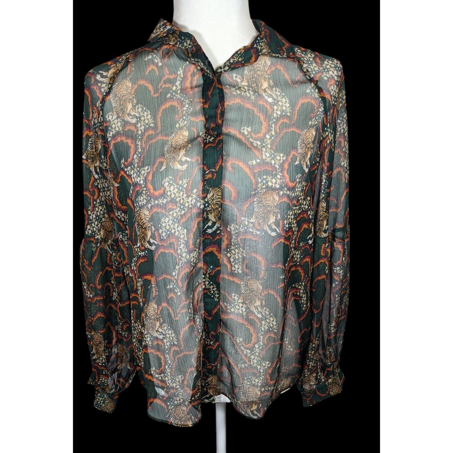 Anthropologie TP Sheer Green Tiger Button Up Blouse
