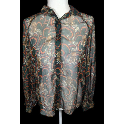 Anthropologie TP Sheer Green Tiger Button Up Blouse