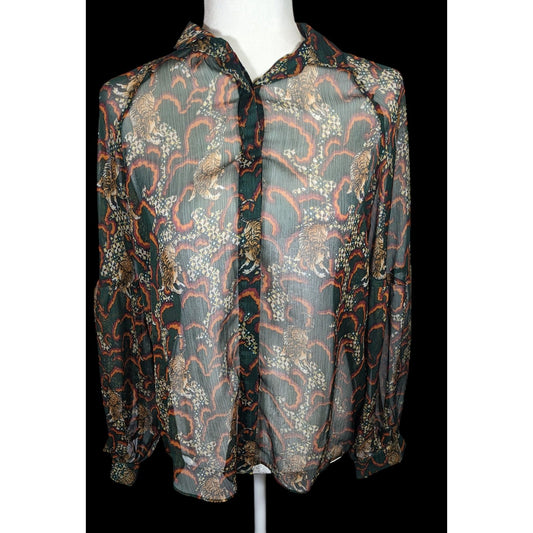 Anthropologie TP Sheer Green Tiger Button Up Blouse