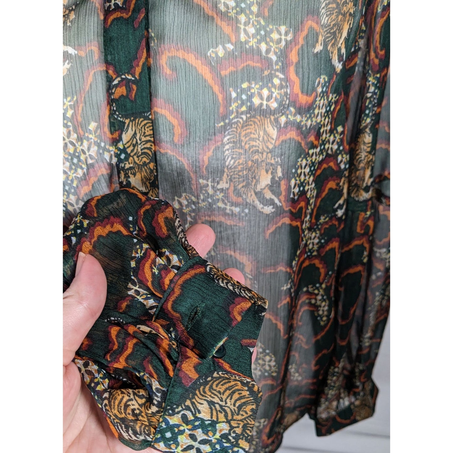 Anthropologie TP Sheer Green Tiger Button Up Blouse