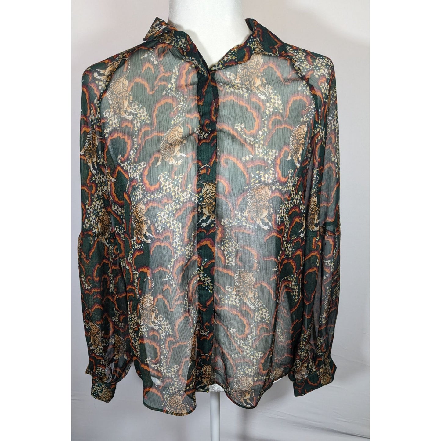Anthropologie TP Sheer Green Tiger Button Up Blouse