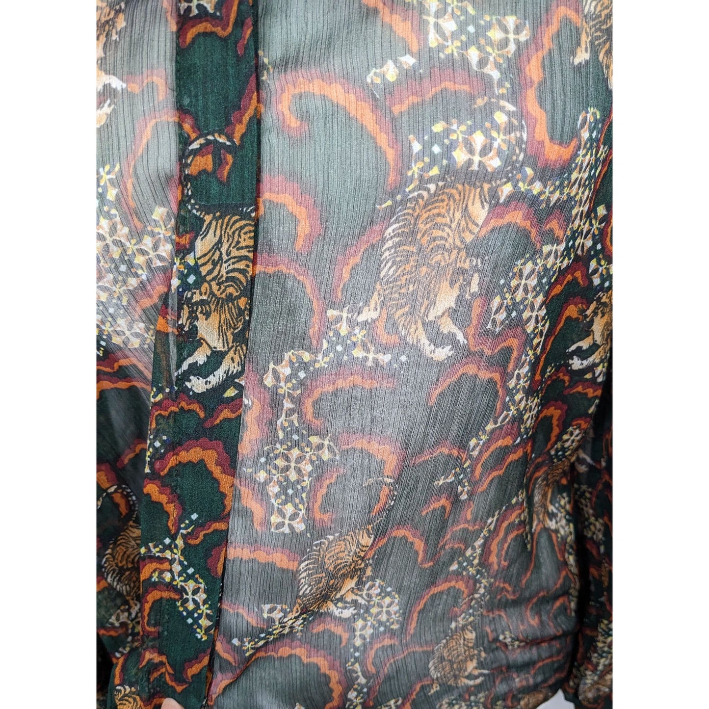 Anthropologie TP Sheer Green Tiger Button Up Blouse