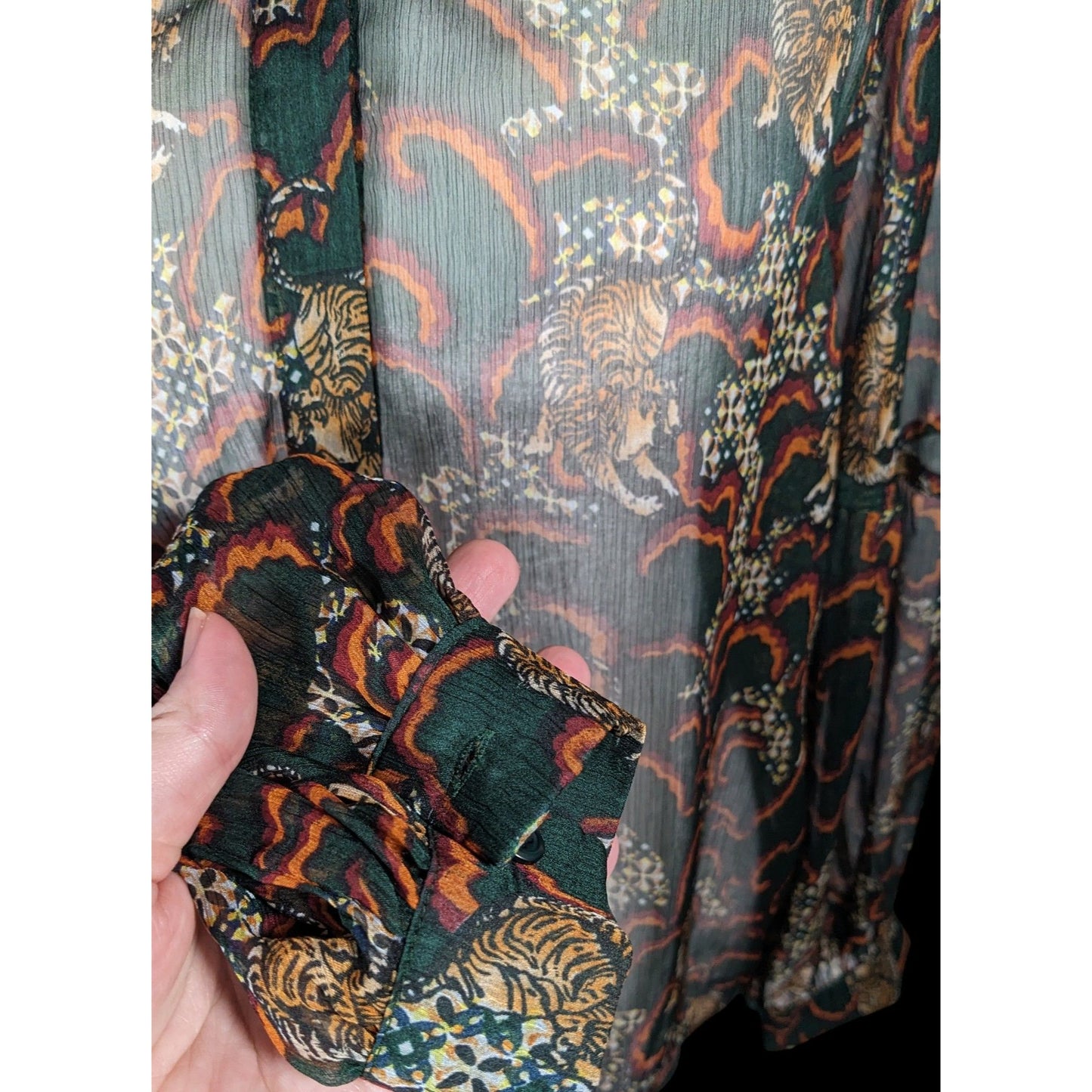 Anthropologie TP Sheer Green Tiger Button Up Blouse