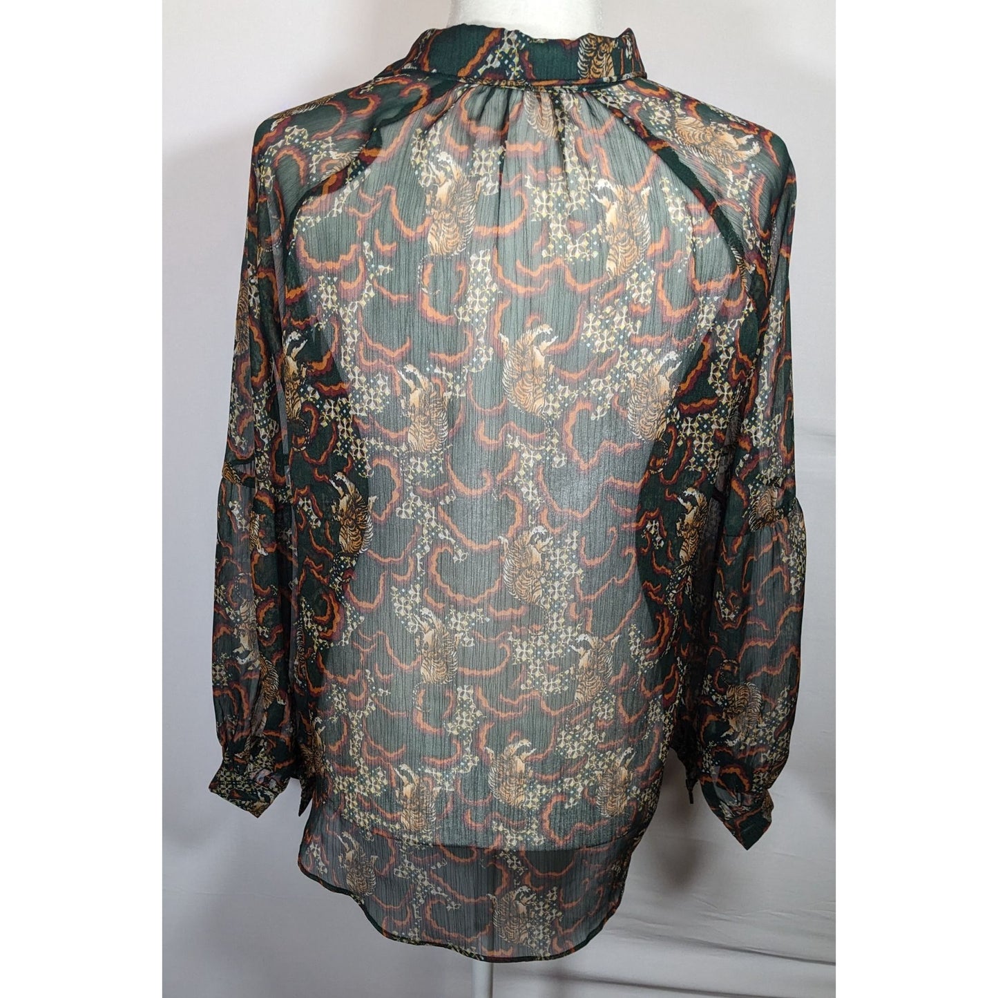 Anthropologie TP Sheer Green Tiger Button Up Blouse