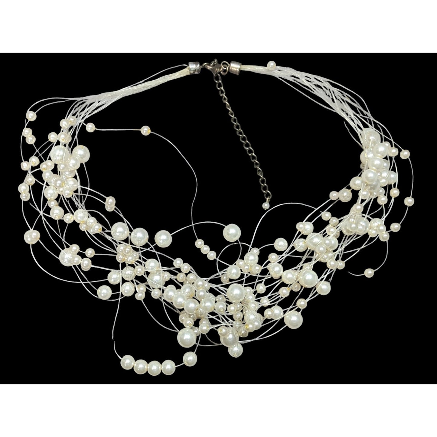 Vintage Glass Pearl White Multi-Strand Floating Necklace With Adjustable Chain