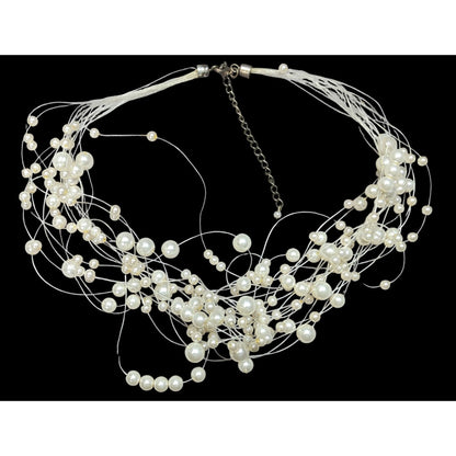 Vintage Glass Pearl White Multi-Strand Floating Necklace With Adjustable Chain