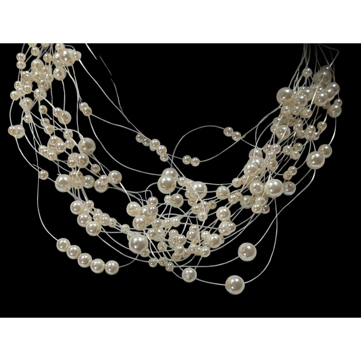 Vintage Glass Pearl White Multi-Strand Floating Necklace With Adjustable Chain