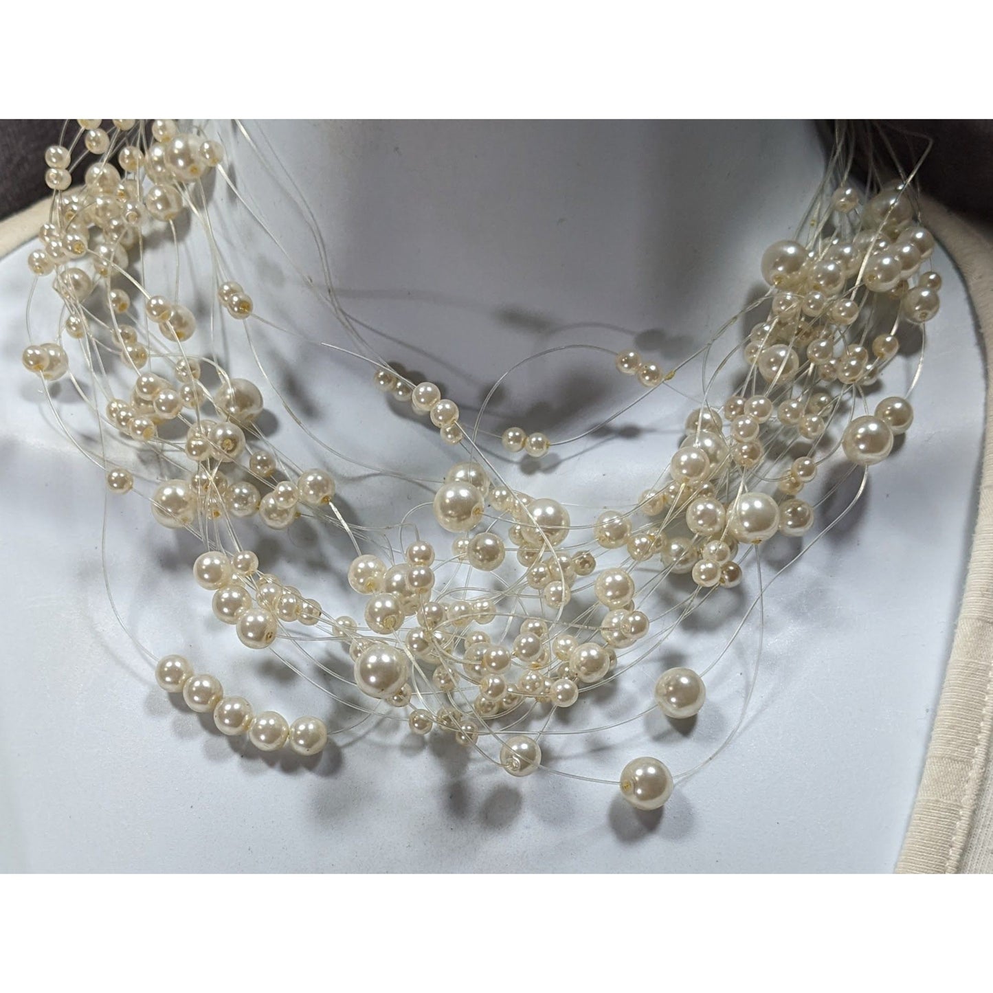 Vintage Glass Pearl White Multi-Strand Floating Necklace With Adjustable Chain