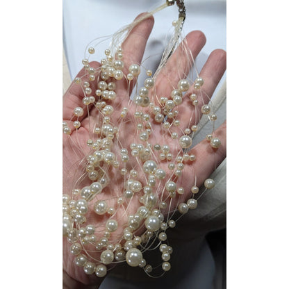 Vintage Glass Pearl White Multi-Strand Floating Necklace With Adjustable Chain