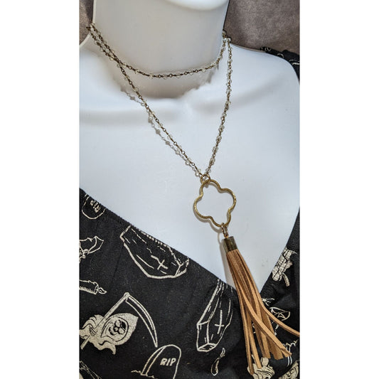 Boho Tassel Pendant Necklace Long Beaded Gold Tone Clover Charm Statement Jewelry