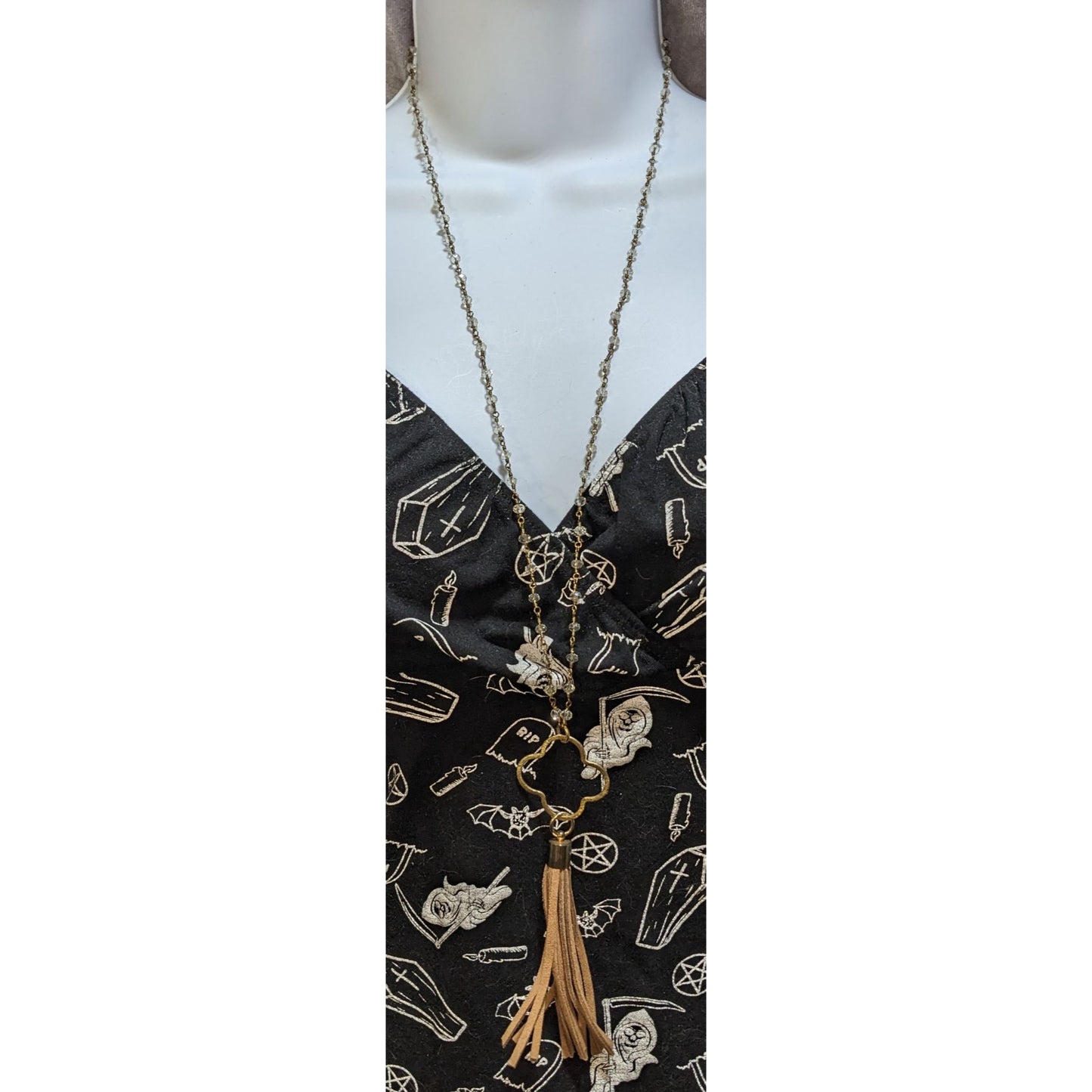 Boho Tassel Pendant Necklace Long Beaded Gold Tone Clover Charm Statement Jewelry