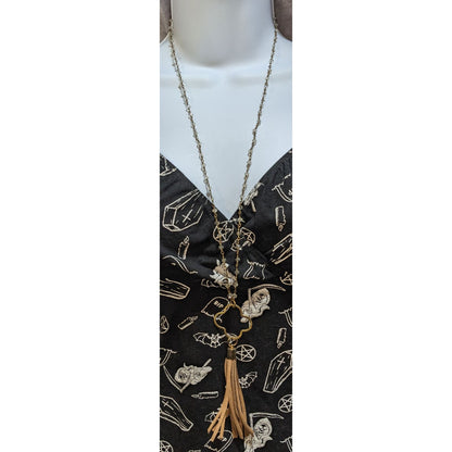 Boho Tassel Pendant Necklace Long Beaded Gold Tone Clover Charm Statement Jewelry