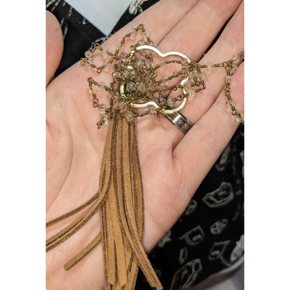 Boho Tassel Pendant Necklace Long Beaded Gold Tone Clover Charm Statement Jewelry
