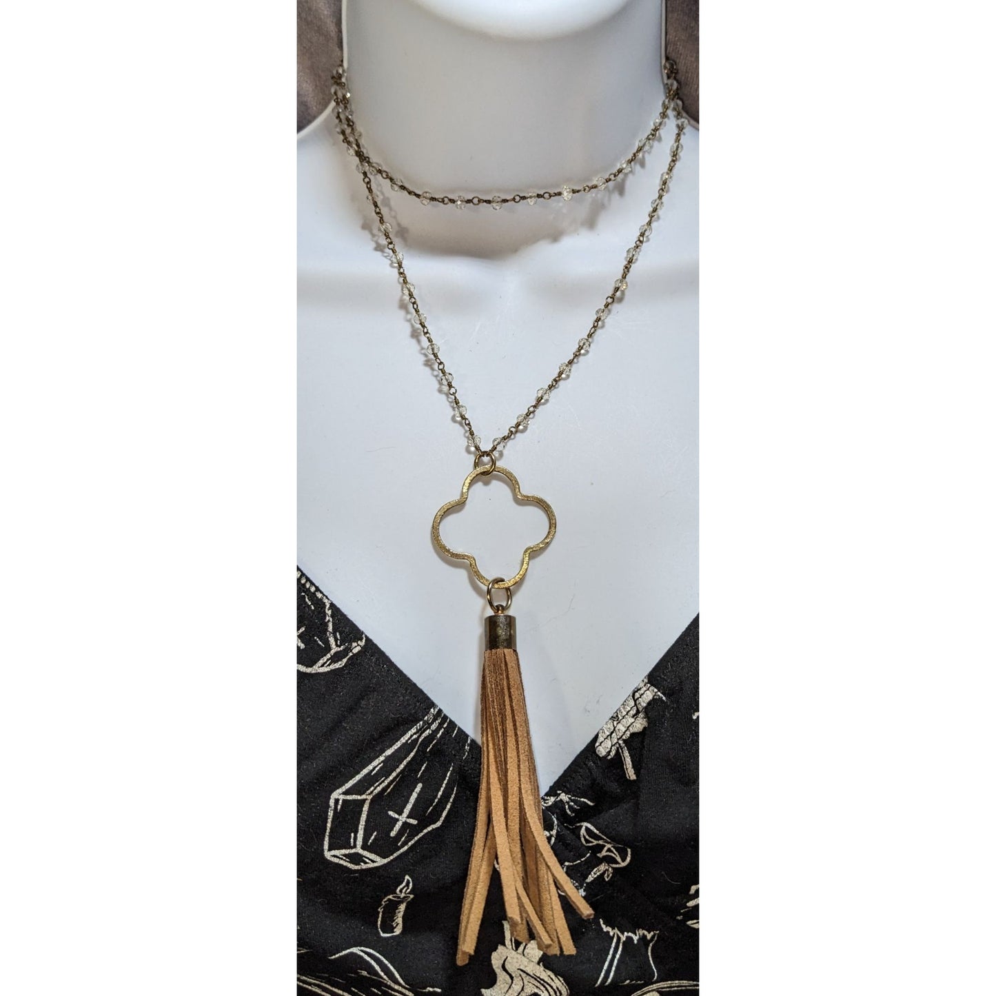 Boho Tassel Pendant Necklace Long Beaded Gold Tone Clover Charm Statement Jewelry