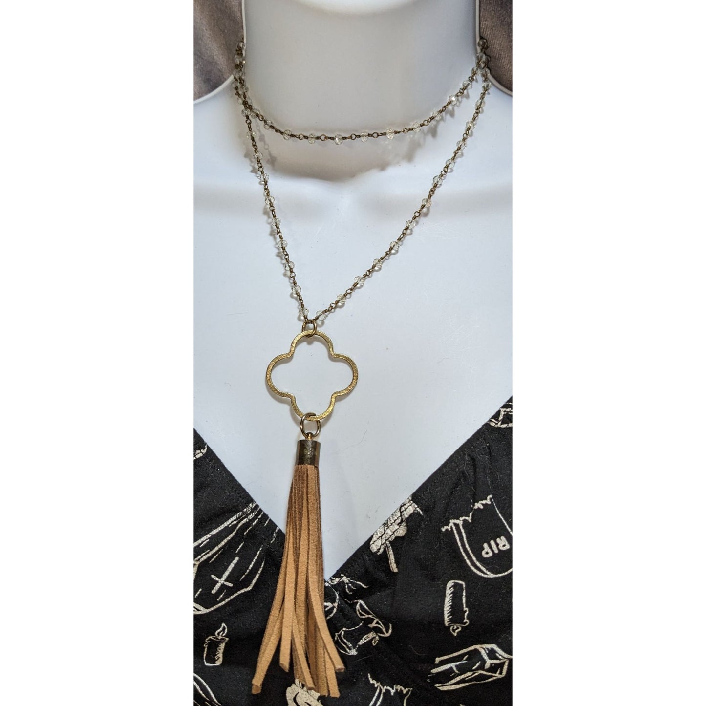 Boho Tassel Pendant Necklace Long Beaded Gold Tone Clover Charm Statement Jewelry