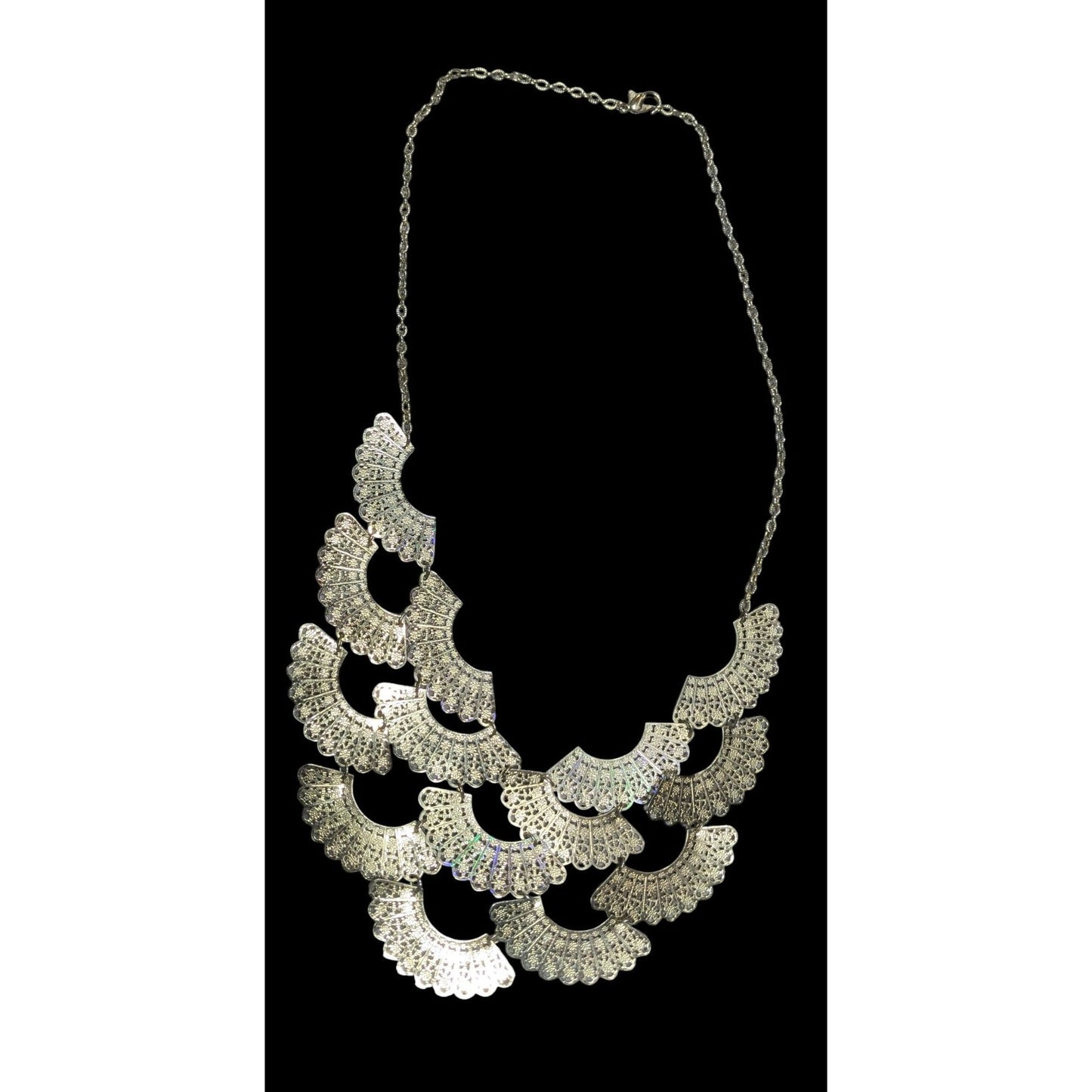 Floral Filigree Fan Charm Gold Tone Bib Necklace