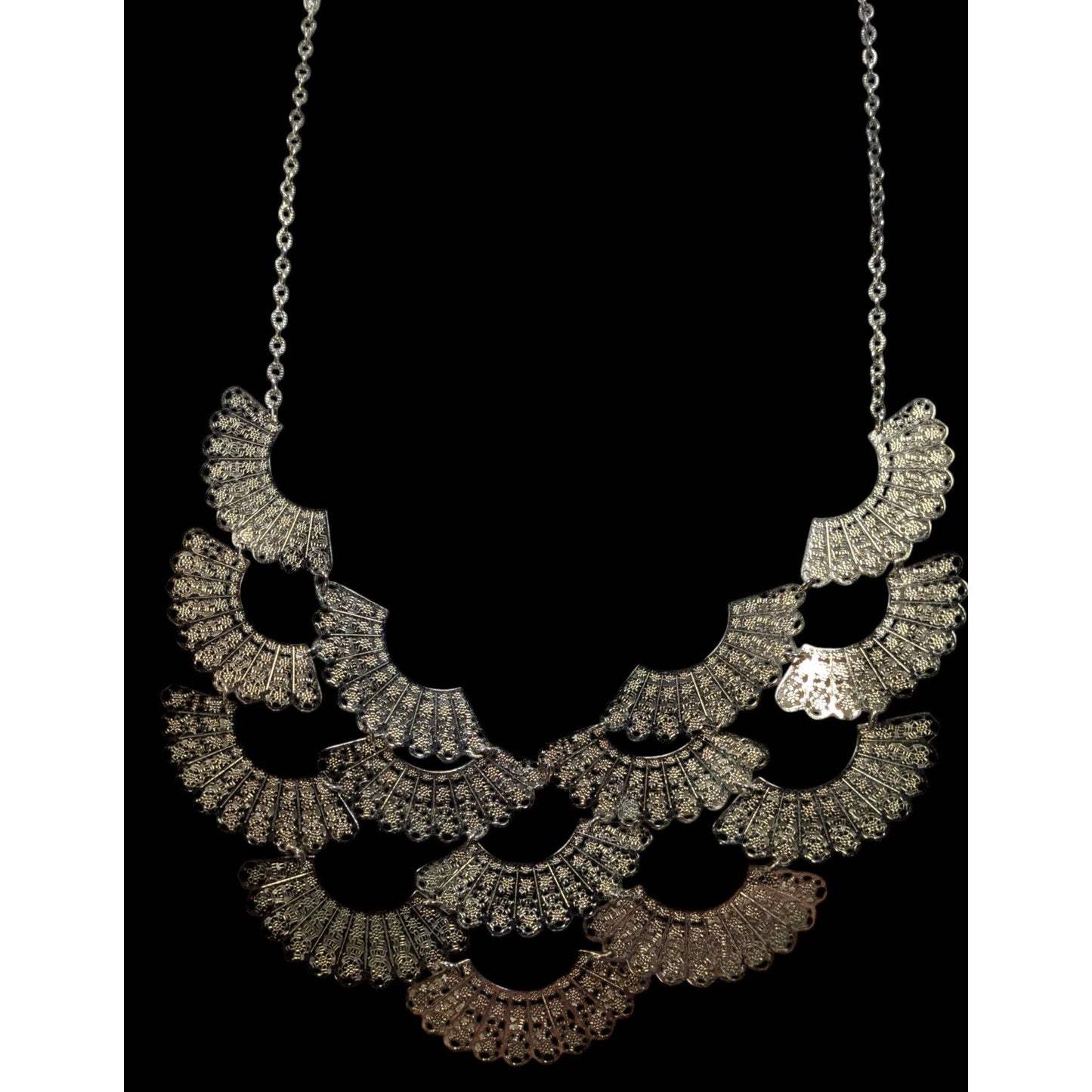 Floral Filigree Fan Charm Gold Tone Bib Necklace