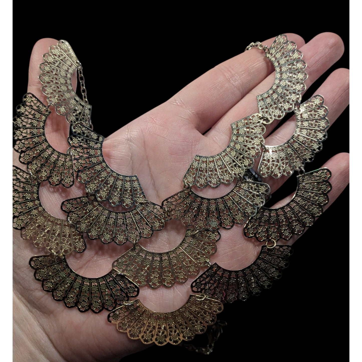 Floral Filigree Fan Charm Gold Tone Bib Necklace