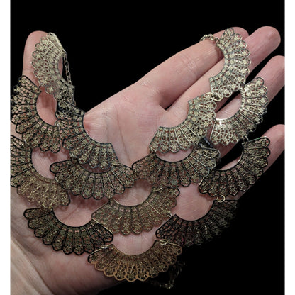 Floral Filigree Fan Charm Gold Tone Bib Necklace