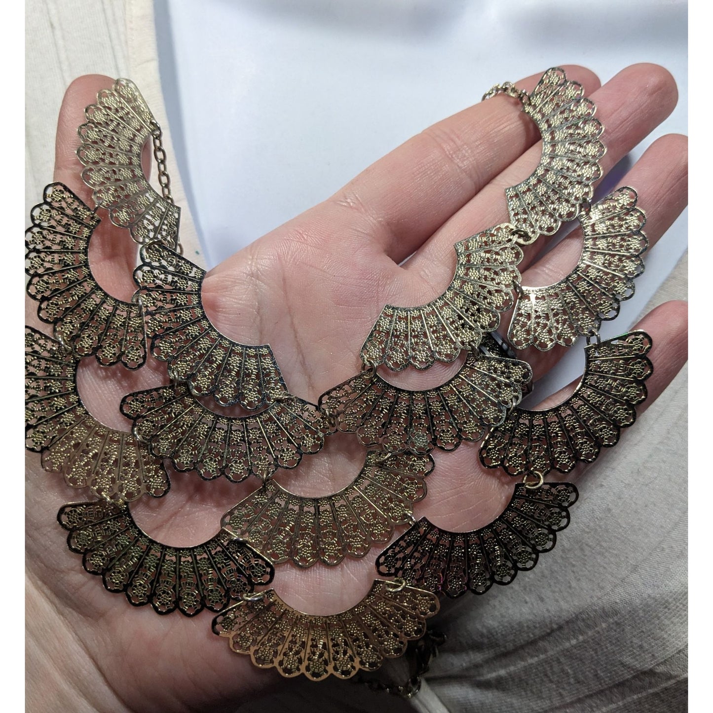 Floral Filigree Fan Charm Gold Tone Bib Necklace