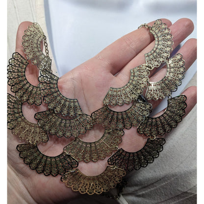 Floral Filigree Fan Charm Gold Tone Bib Necklace