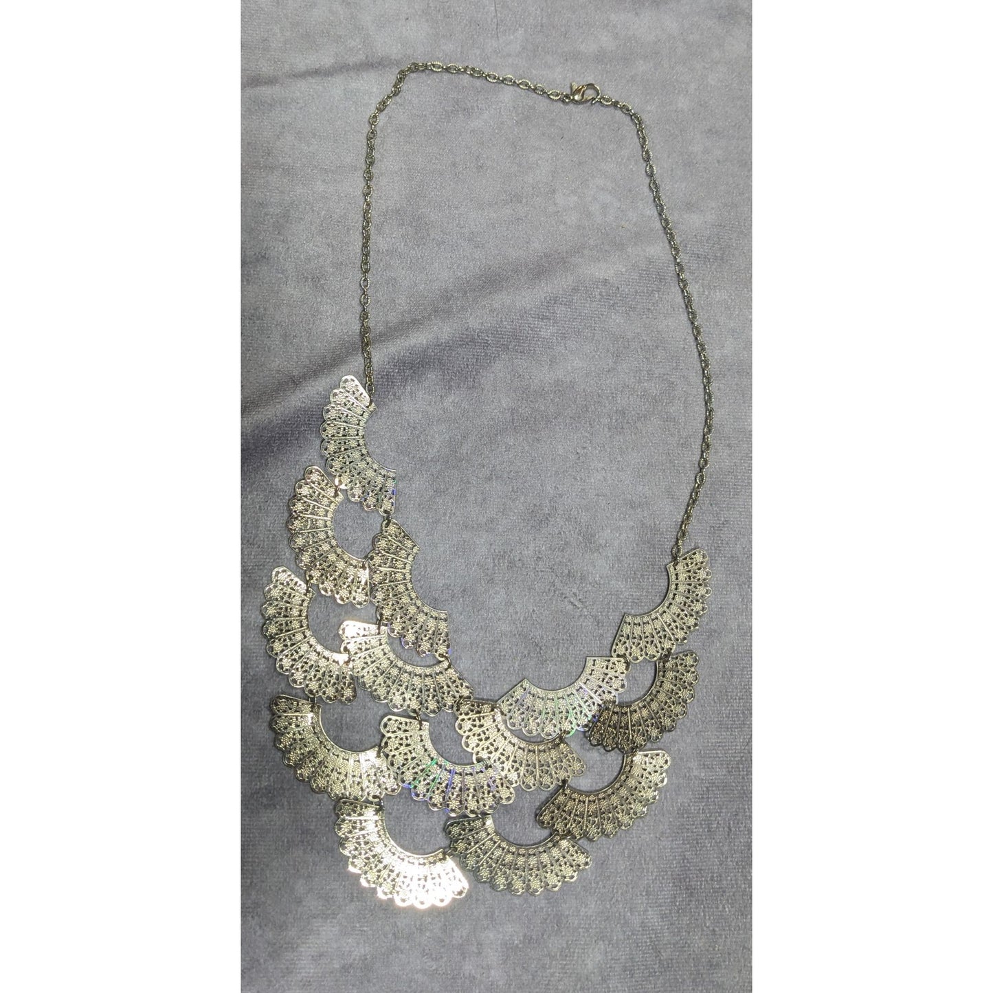 Floral Filigree Fan Charm Gold Tone Bib Necklace