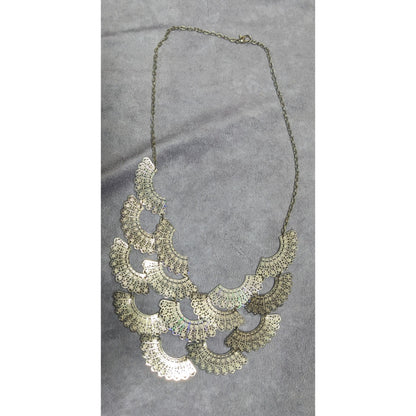 Floral Filigree Fan Charm Gold Tone Bib Necklace