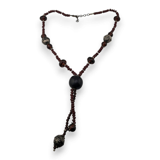 Boho Tribal Wood Glass Bead Lariat Necklace Brown Black Tassel Drop 20 Inch