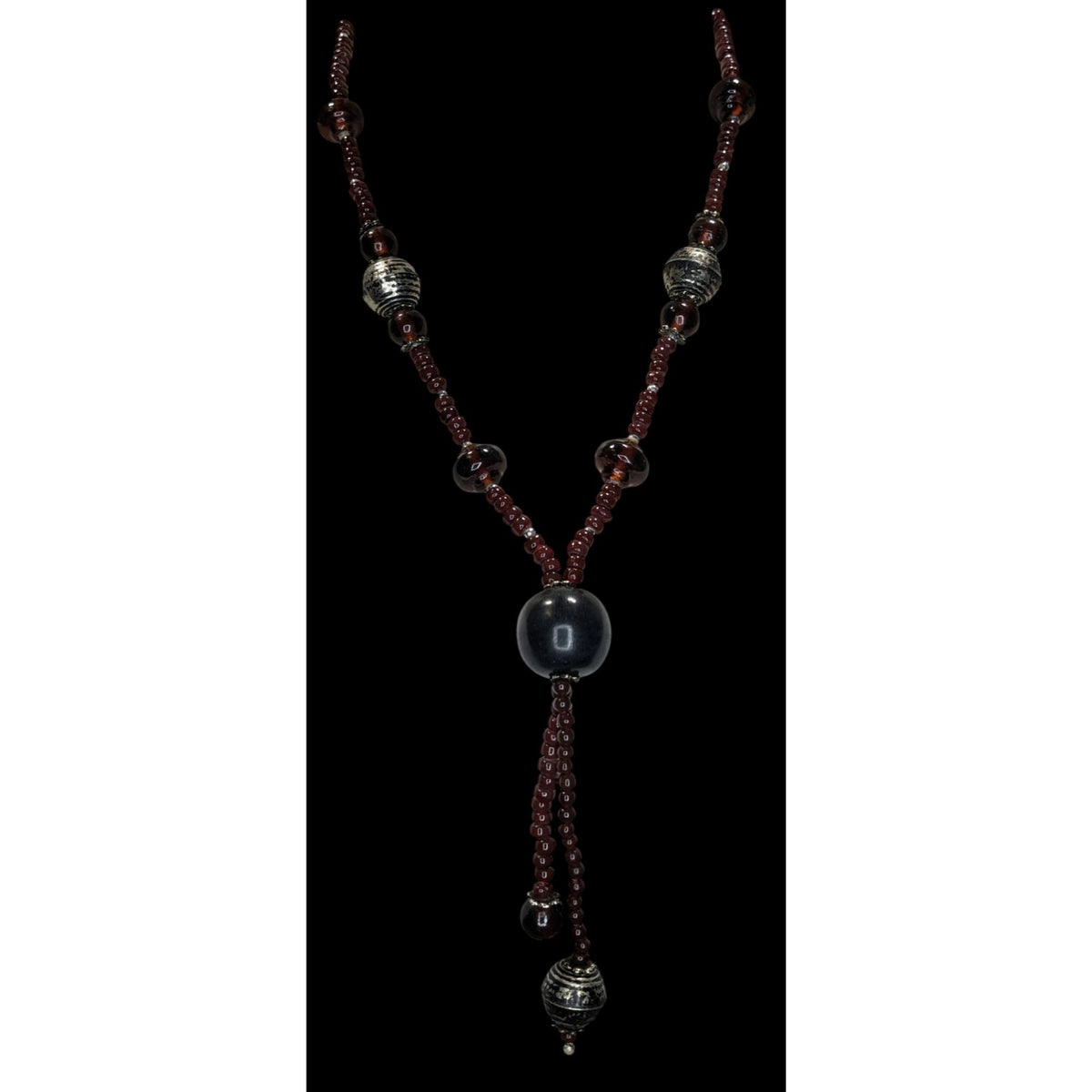 Boho Tribal Wood Glass Bead Lariat Necklace Brown Black Tassel Drop 20 Inch